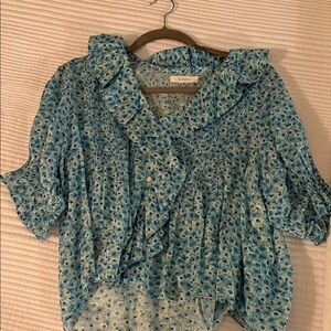 Doen Light Blue Floral Ruffle Blouse